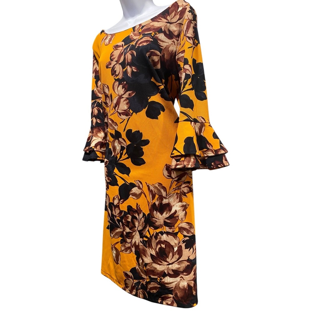 I Le Dress 16 Sheath Knee Length 3/4 Bell Sleeve Stretch Knit Yellow Floral